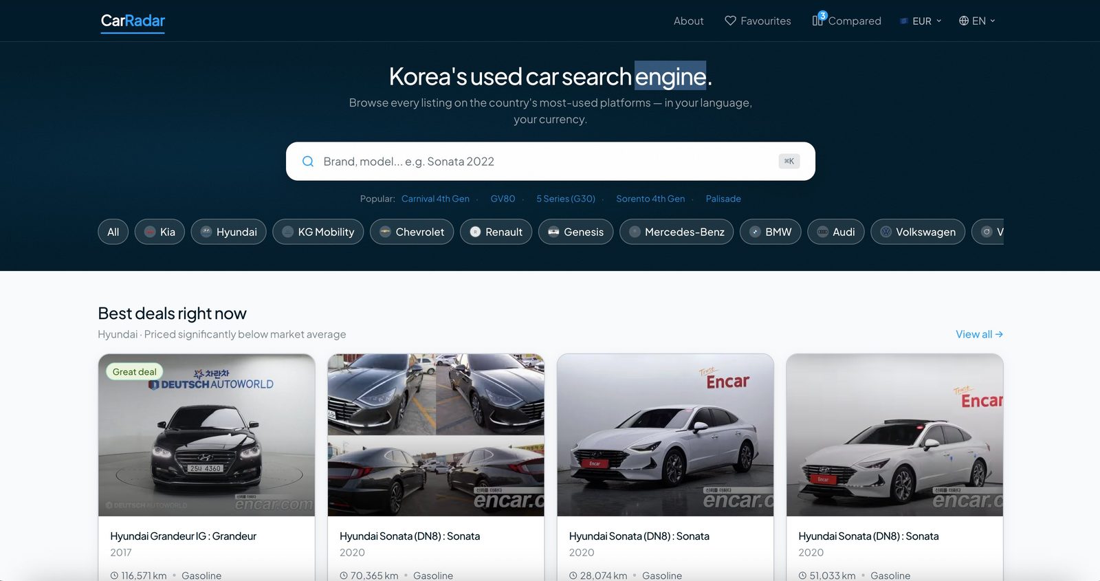 CarRadar homepage, search bar, brand chips and Best deals grid