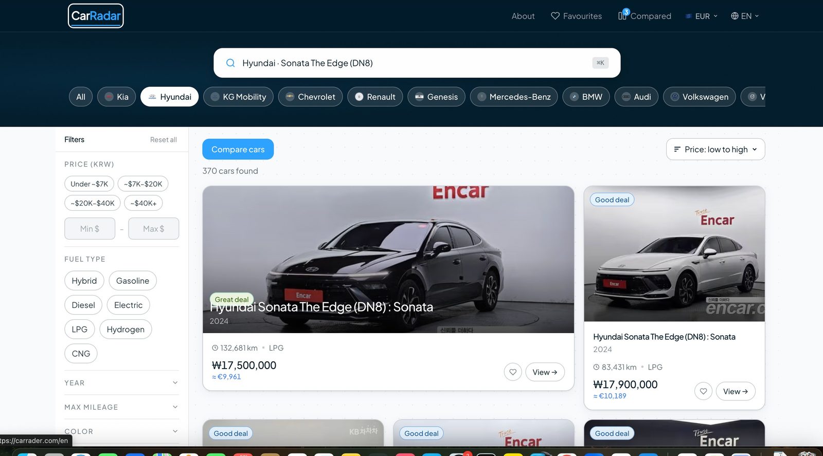 CarRadar search results with filters and deal ratings