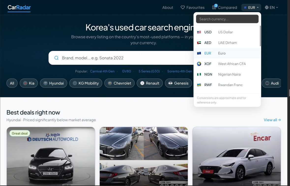 CarRadar currency selector, over twenty currencies