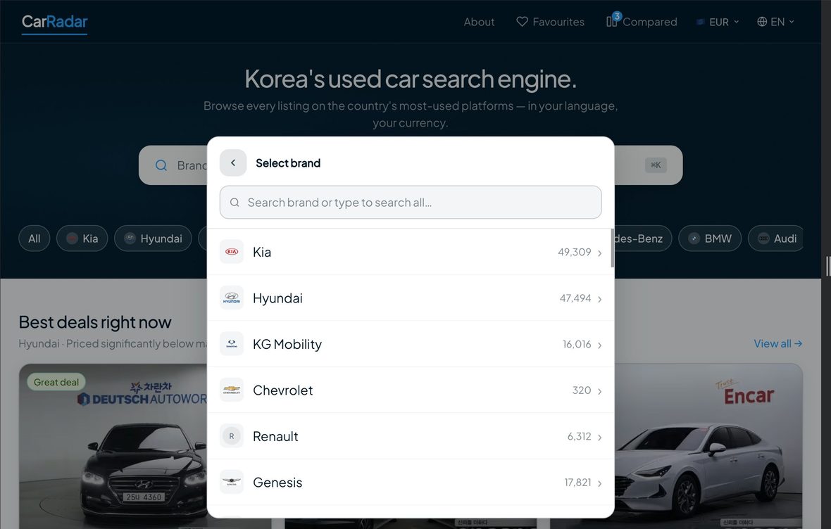 CarRadar brand selector showing tens of thousands of listings per brand